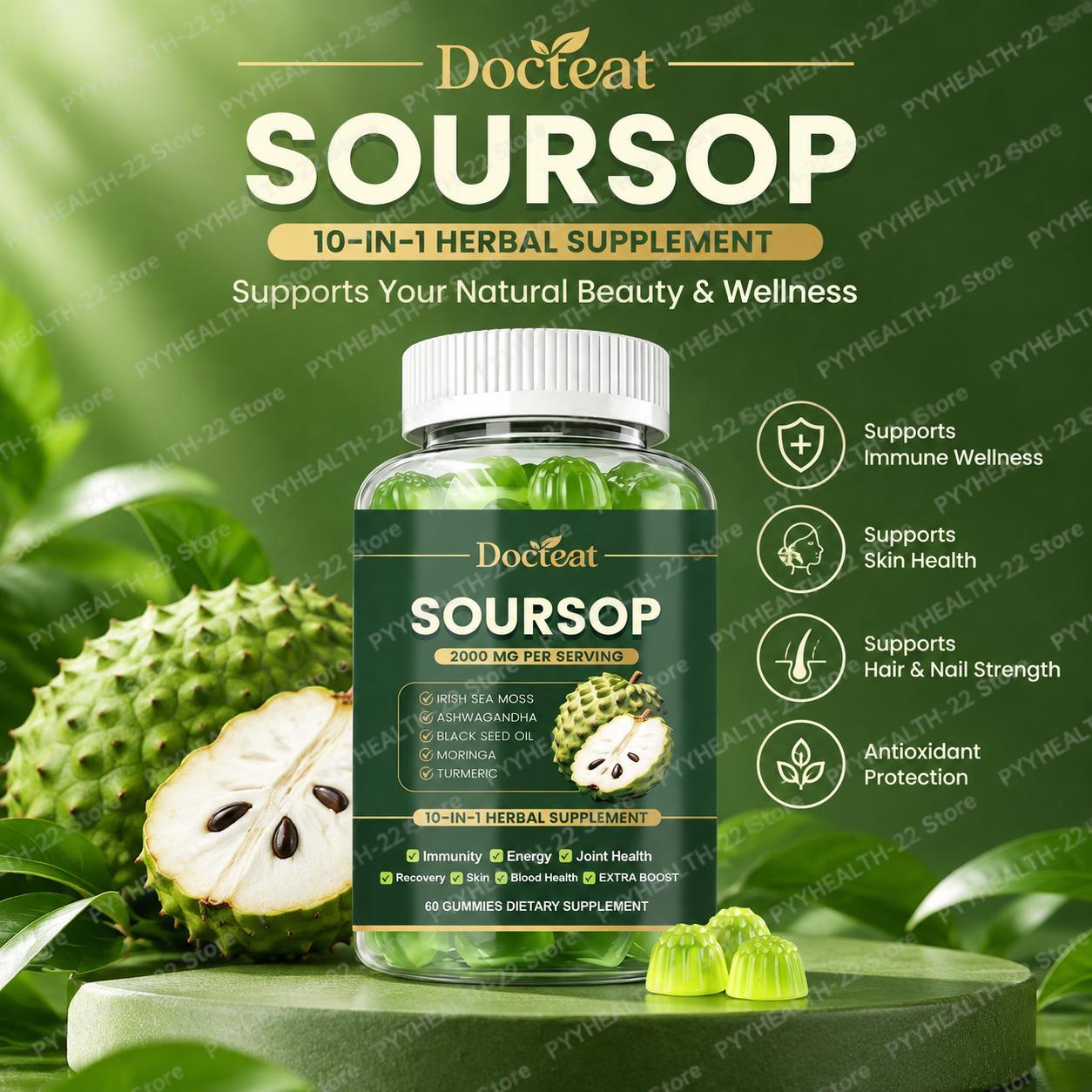 Health Wellness Gummies - Soursop-Gummibärchen, 10-in-1 Vitamin-Kräutermischung, unterstützt die Immunabwehr,
